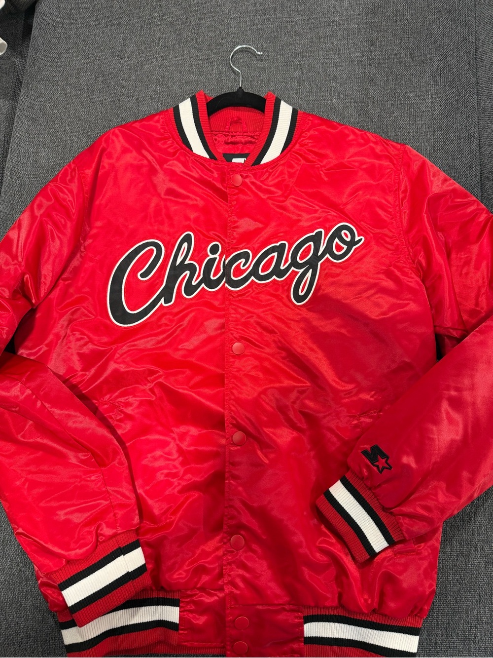 STARTER Red Chicago Satin Bomber Jacket with Black & White Trim
